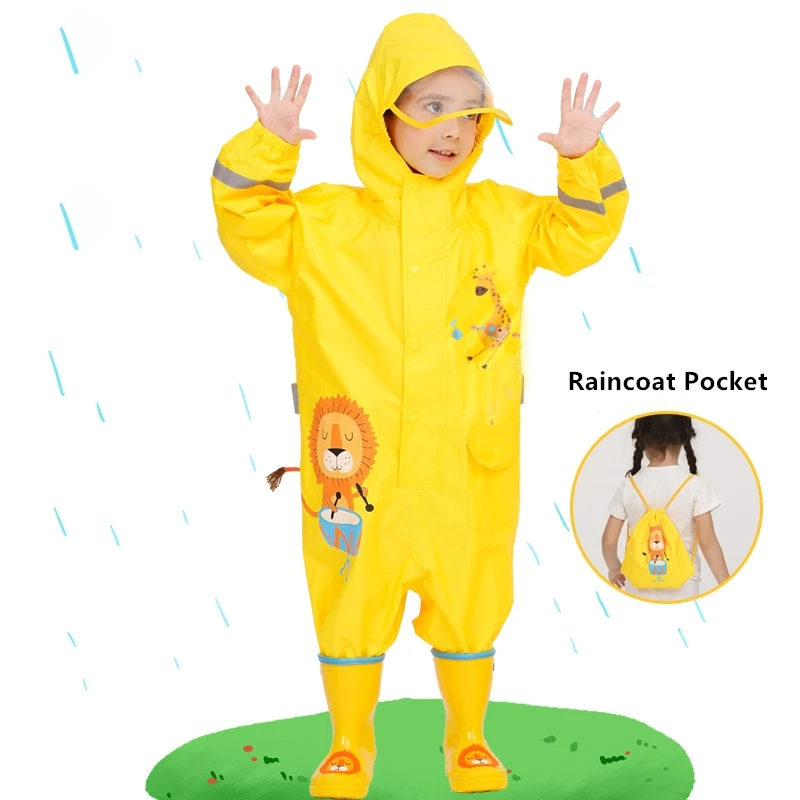 

Children Raincoat Kids Boys Girls Waterproof Jumpsuit Hooded One-Piece Cartoon Dinosaur Baby Rainwear and Pants 1-10 Years Old