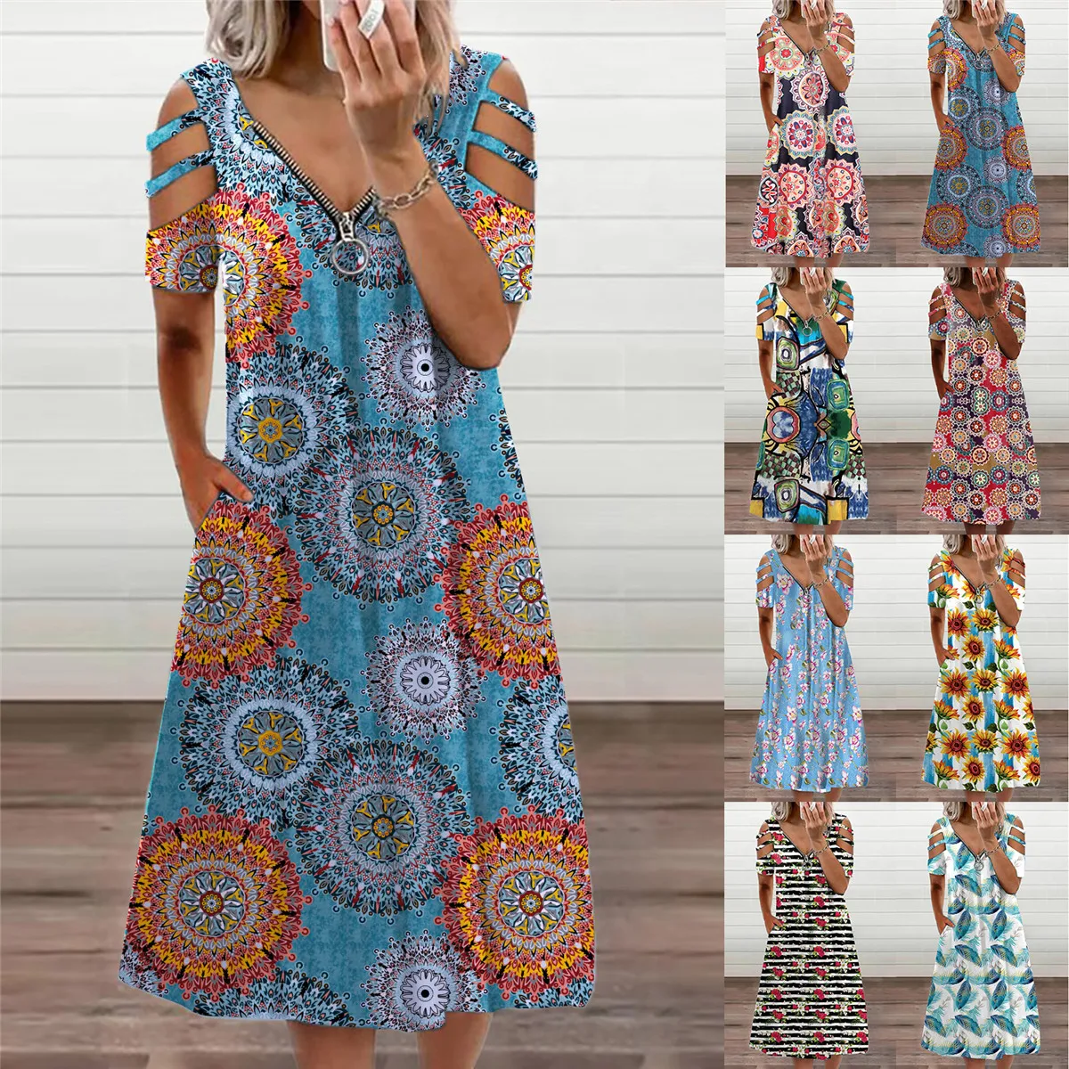 

2023 Summer Women's V-neck Zipper Print Off Shoulder Short Sleeve Dress