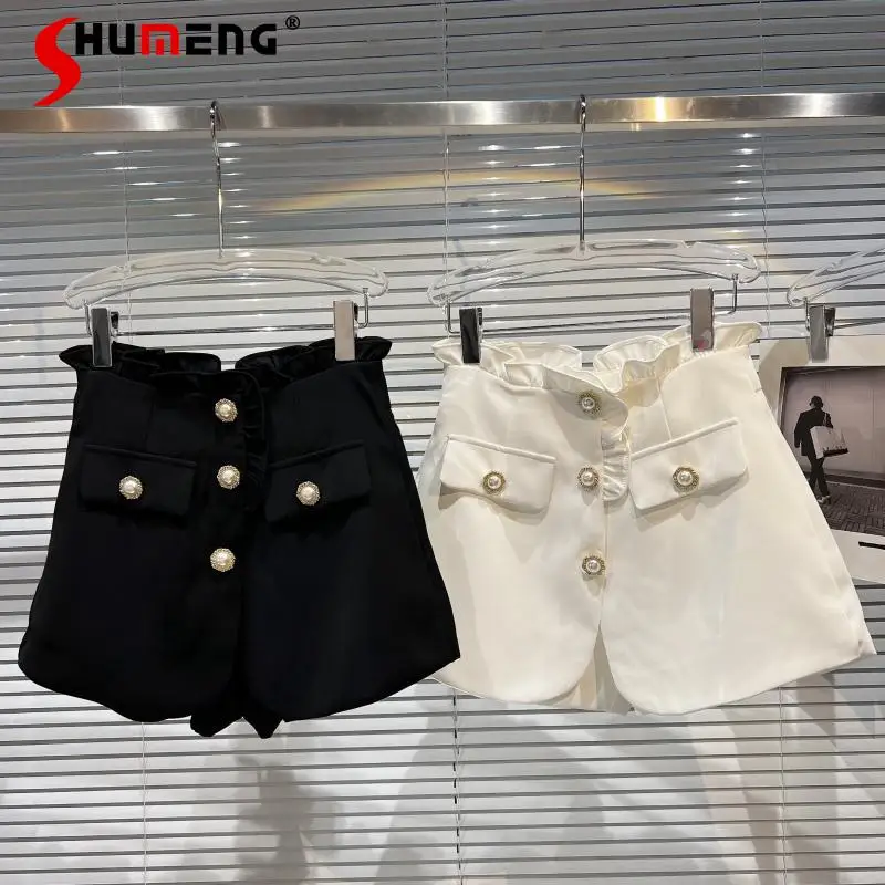 

2022 Spring New Pearl Metal Buckle Ruffles Suit Shorts for Women's High Waist Casual Black Shorts Female Short Pants High Street