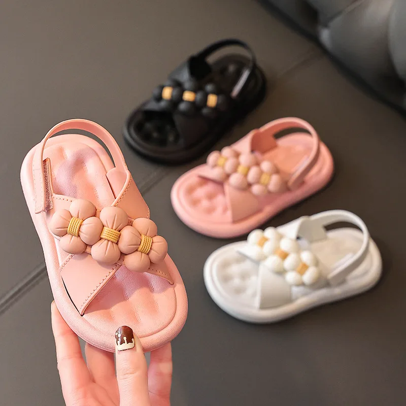 

COZULMA Kids Girls Elegant Flower Hook & Loop Beach Sandals For Children Solid Color Non-Slip Summer Shoes Size 24-35