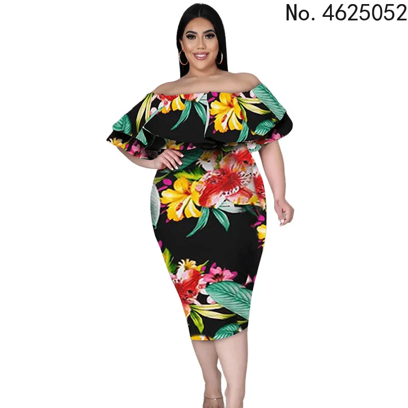 

2022 Summer Floral Off Shoulder Plus Size Party Dress Women's Oversize Elegant Bodycon Evening Midi Dresses Long Club Dress 5XL