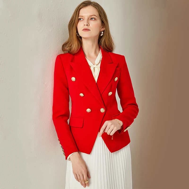 

Red Color Casual Women Blazer Turn-Down NECK Double Breasted Good Quality Lady Jackets Office Suit Clothing COAT