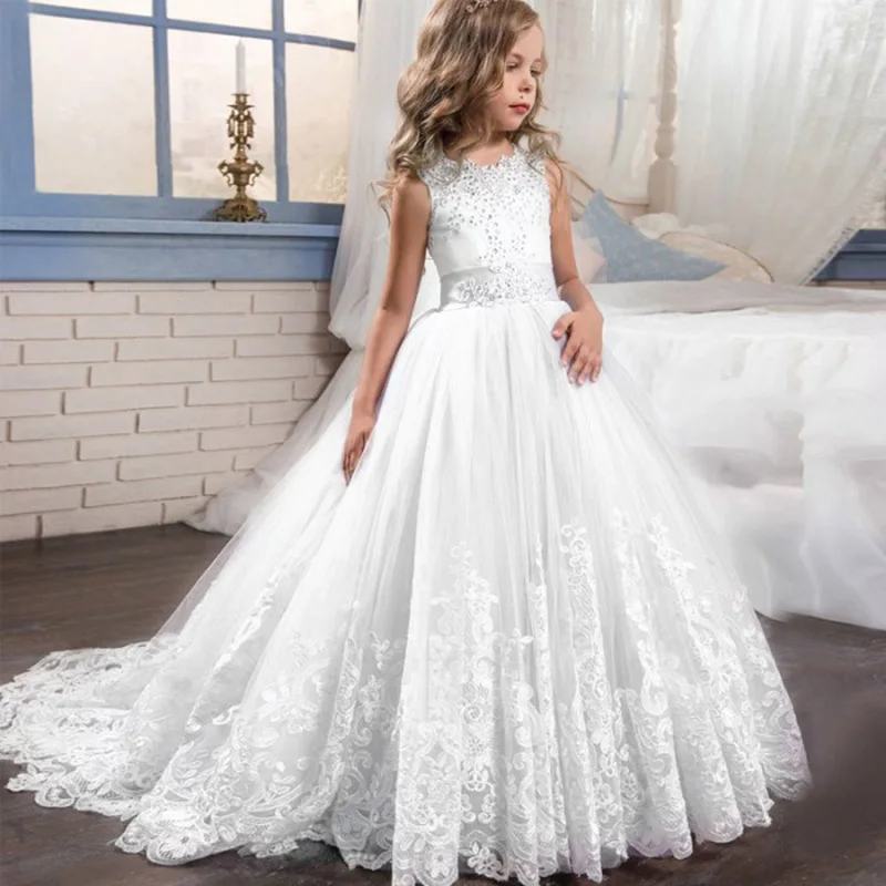 

Trailing White Lace Kids Wedding Dress For Girls Bridesmaid First Communion Evening Dress Children Long Princess Party Dresses