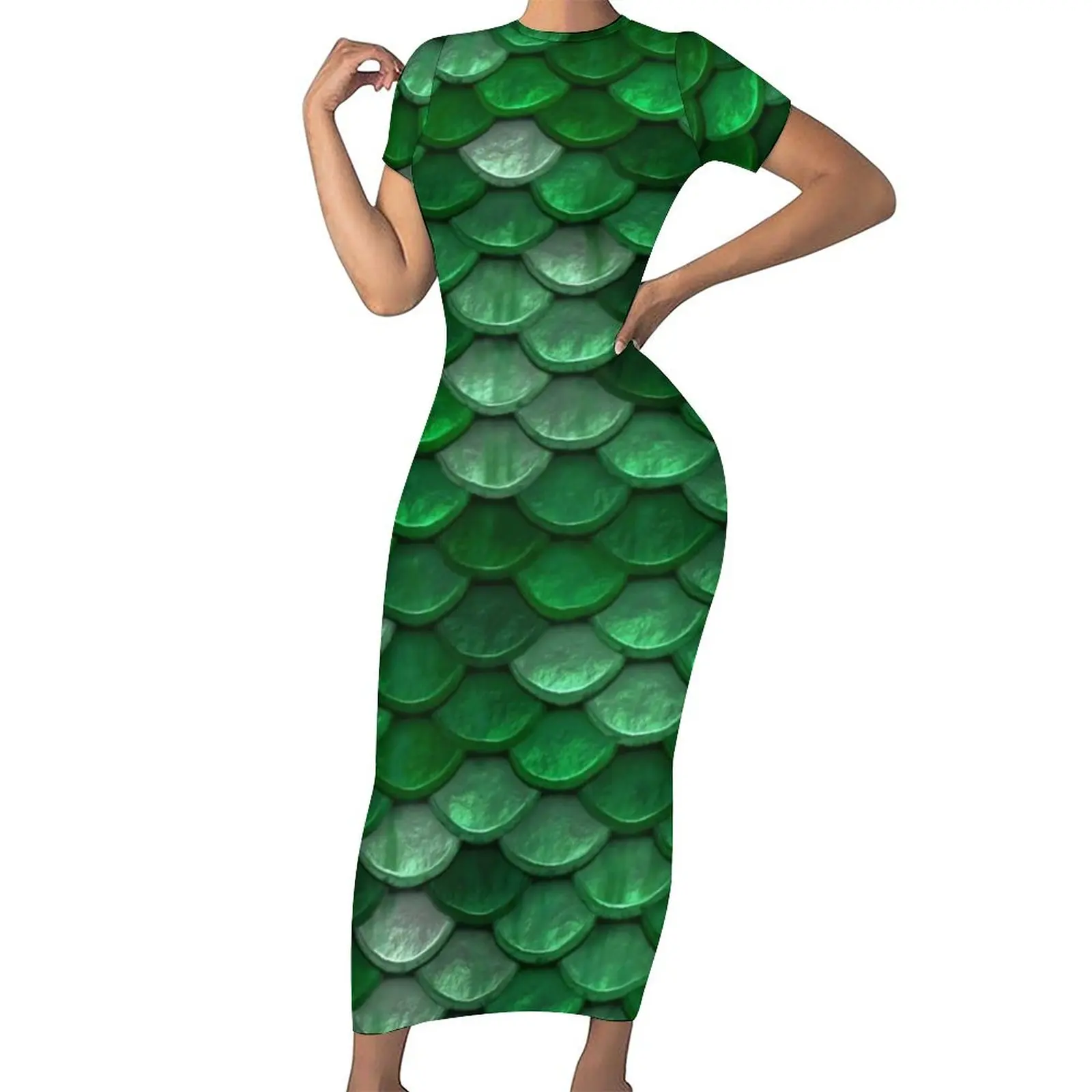 

Зеленое облегающее платье-Русалка, летние цветные Макси-платья с металлическим блеском, женское платье с коротким рукавом и графическим пр...