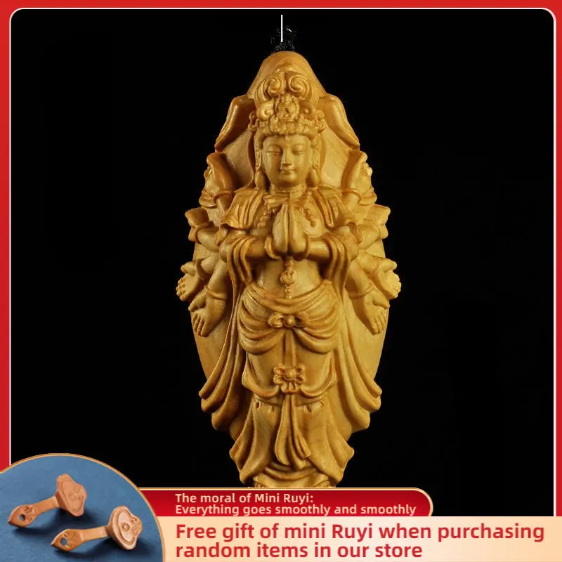 

Boxwood Carved Originality【Thousand-Hand Kwan-yin】Bring Wealth Lucky Home Decoration Office Accessories Car Pendant Ornaments