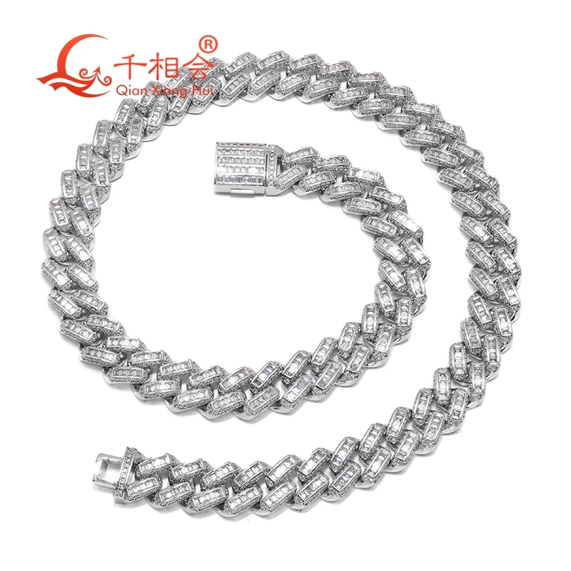 bracelet  12mm baguette french  925 Silver Cuban Link Iced Out Hip Hop white Moissanite  Chain Jewelry for Women Men Gifts