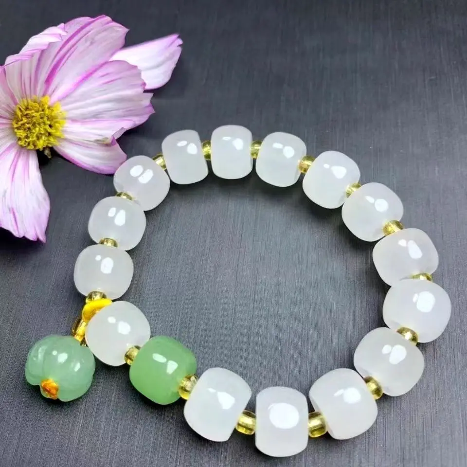

Natural White Jade Bracelet Pumpkin Bead Charm Healing Bangle Men Women Golden Silk Jades Bucket Bead Elastic Beaded Bracelets