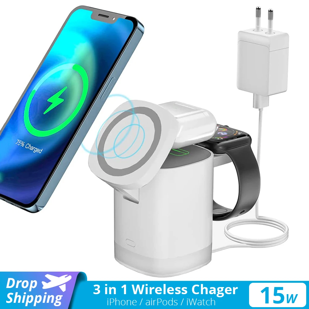 

Магнитное Беспроводное зарядное устройство 3 в 1 RGB Light, складная подставка для iPhone 14/13/12 20 Вт, Быстрое беспроводное зарядное устройство для ...