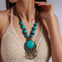 bohemian turquoise stone necklace vintage brass flowers tassel statement necklaces for women femme jewelry bijoux collier femme