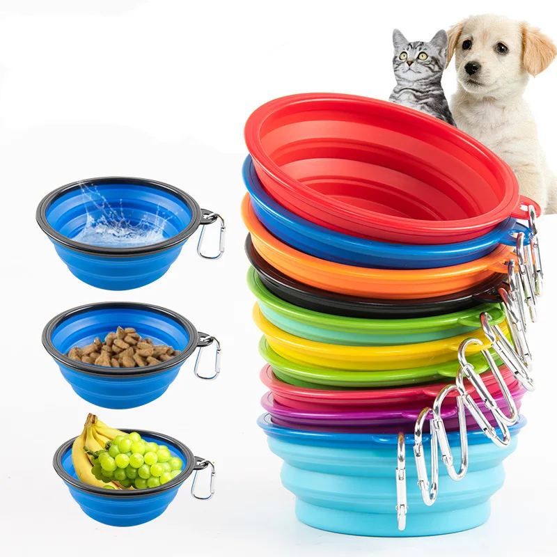

Bowls 350ml Feeding Water Collapsible Folding 1000ml Dog Travel Bowl With Cup For Dog Cat Carabiner Foldable Silicone Food Pet
