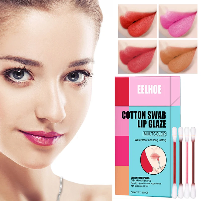 

New Design Waterproof Cotton Swab Lip Gloss Long Lasting Dyed Lip Glaze Liquid Lipstick Lip Cosmetic Tobacco Box Matte Makeup