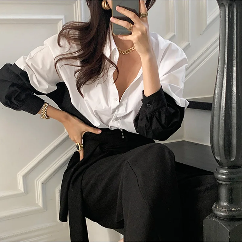 

Korean Style Office Lady Long Sleeve Loose Shirt Elegant Single Breasted Slim Stitching Color Female Tops Women Blouses