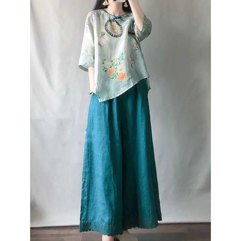 

Комплект с принтом в стиле ретро, рубашка с коротким рукавом, кружевные хлопковые брюки с широкими штанинами, Женский комплект с широкими штанинами