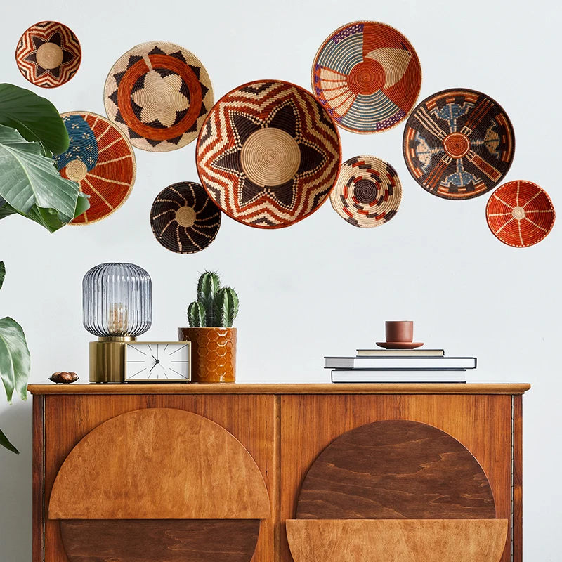 1 шт. богемная имитация ротанга тканая ПВХ Настенная Наклейка для гостиной Фоновые наклейки лоза тканый диск Печатный настенный стикер