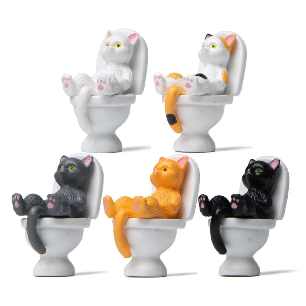 

5Pcs Cat Sitting on Toilet Statues Mini Toilet Cat Figurines Desktop Ornaments Home Decor Cartoon Animal Garden Statues