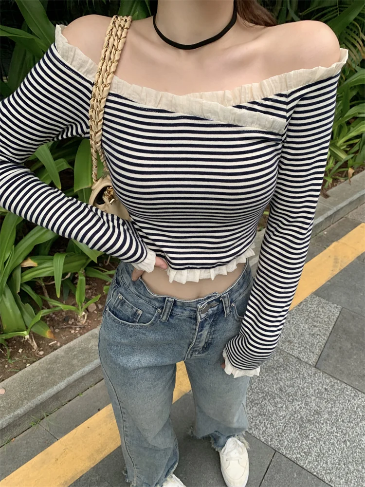 

GY0489 милая и прямая полосатая футболка с длинным рукавом и открытыми плечами, новинка для ранней осени для женщин, сексуальный облегающий кр...