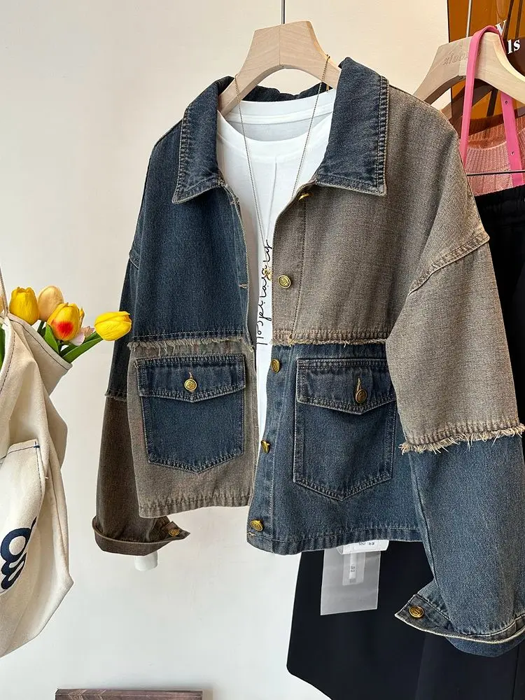 Модные Винтажные куртки в стиле пэчворк контрастных цветов с Необработанными