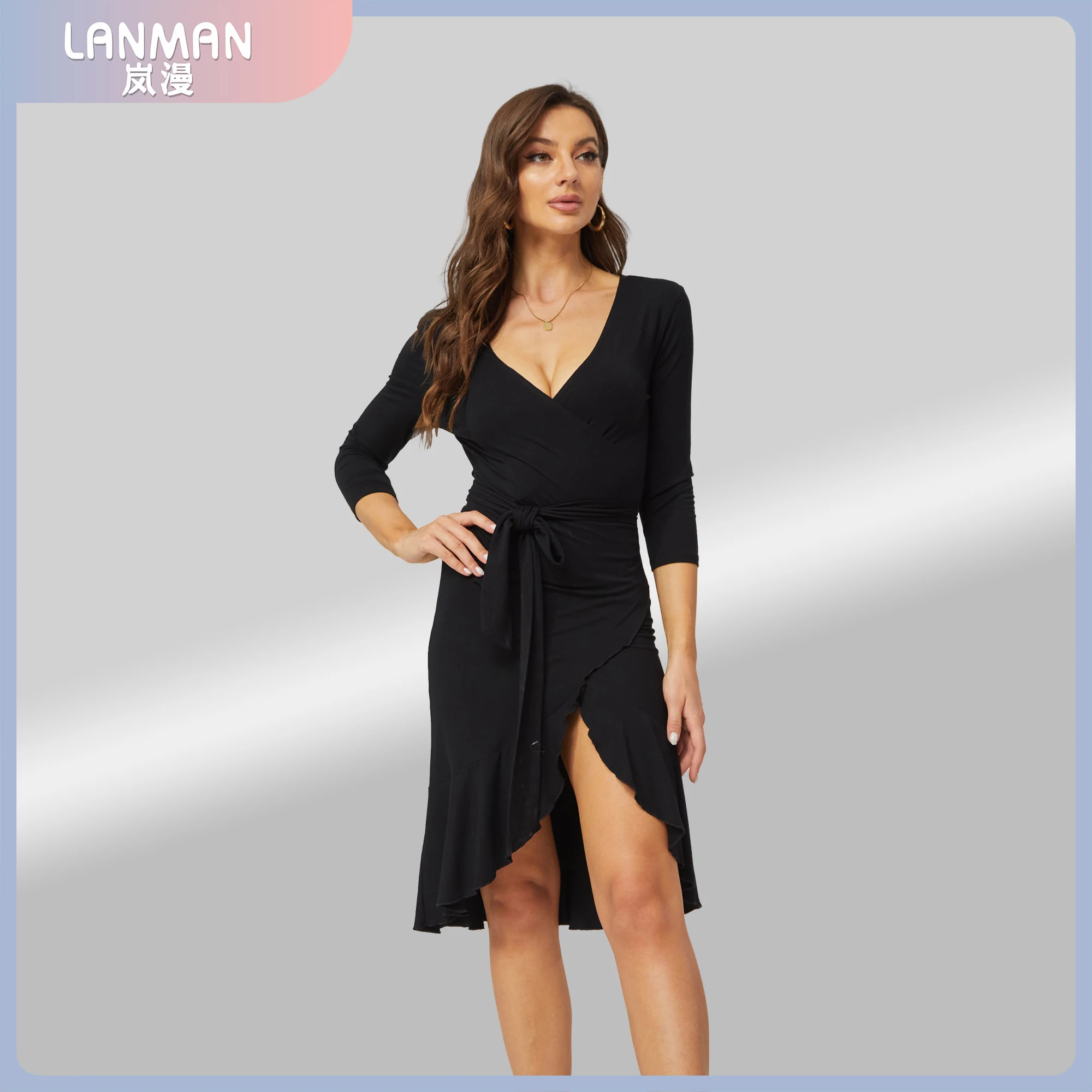 

Summer Dresses Women 2022 Fashion Casual V Neck Elegant Knit Black Three Quarter Sleeves Ruffle Party Club Midi Dress