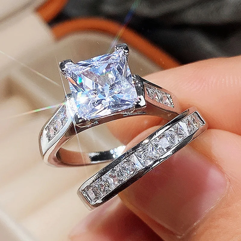 

ZHIXUN Fashion Wedding Ring Set for Women Dazzling Square Zirconia Luxury Lady Accessories Set Trendy Delicate Bridal Jewelry