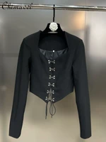 womens 2022 autumn fashion elegant square collar long sleeve coat ladies office lady streetwear metal buckle woven suit jacket