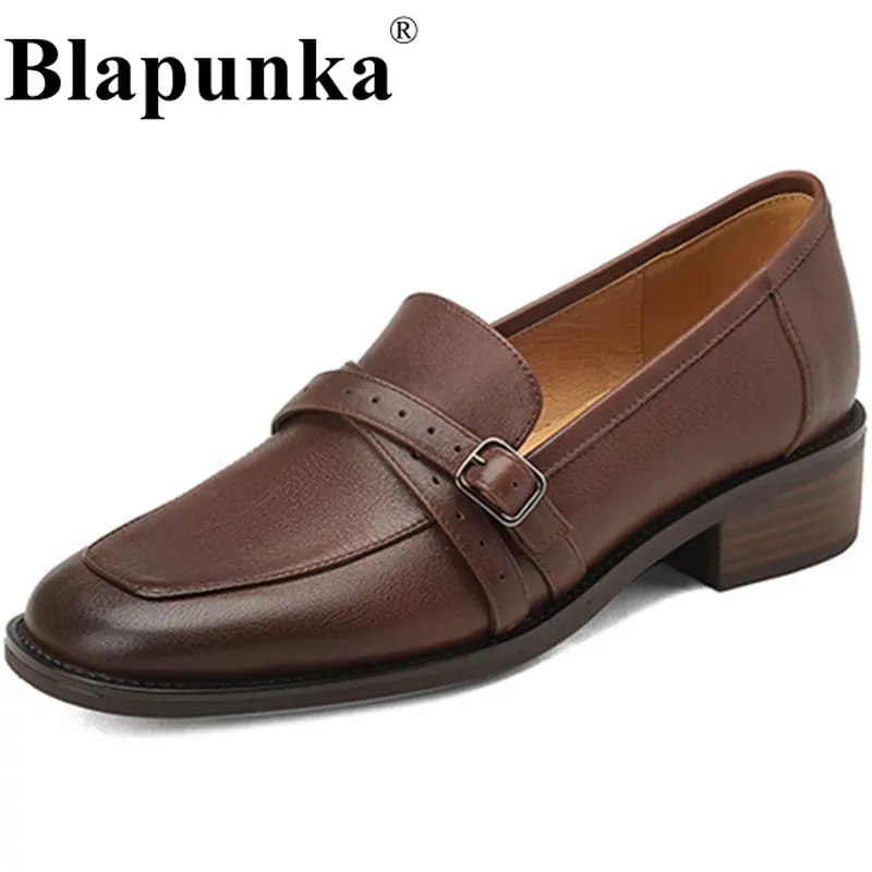 

Blapunka High Quality Women's Genuine Leather Loafers Block Heels Buckle Shoes Ladies Middle Heel Slip-on Pumps Brown Size 33-42
