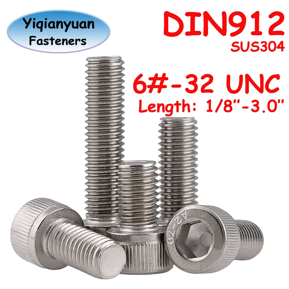 

Иньяньюань 6 # Резьба -32 UNC DIN912 SUS304, шестигранная головка из нержавеющей стали, болты с накатанной головкой, винты с шестигранной головкой, полная резьба