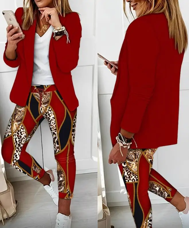 

Women's Work Daily Sets 2023 Fashion New Women Two Piece Suit Elegant Shawl Collar Blazer Coat & Baroque Leopard Print Pants Set