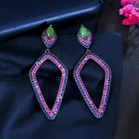 threegraces fashion green cubic zirconia long geometric dangle drop earrings for women trendy party dress jewelry gift er835
