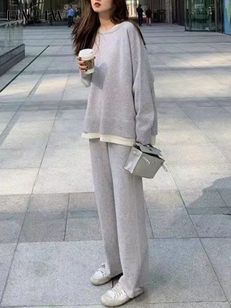 

GVUW 2023 Autumn New Casual Knitted Two Piece Set Women's O-neck Long Sleeve Pullover Top Wide Leg Straight Pants Female 17G2092