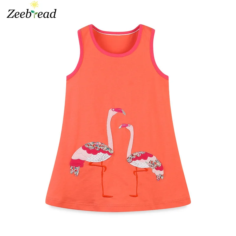

Zeebread Animals Applique Sleeveless Summer Girls Dresses Flamingo Embroidery Hot Selling Kids Costume Frocks Baby Clothing