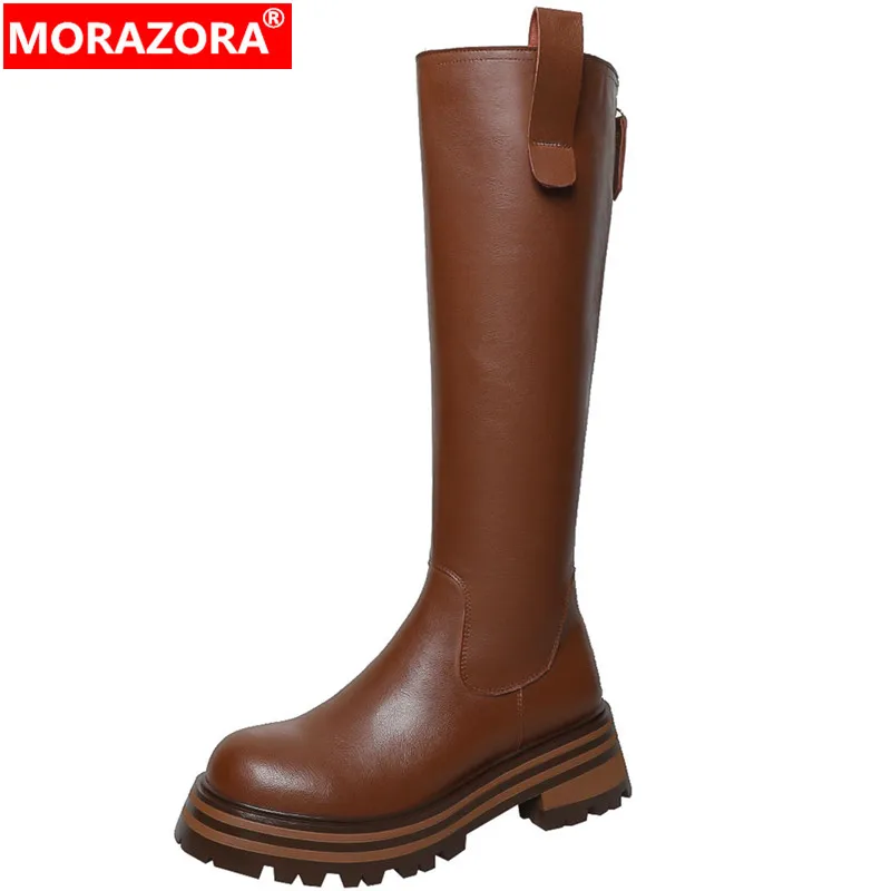 

Женские сапоги на платформе MORAZORA, черные сапоги из натуральной кожи на толстом высоком каблуке, на молнии, новинка зимнего сезона 2022
