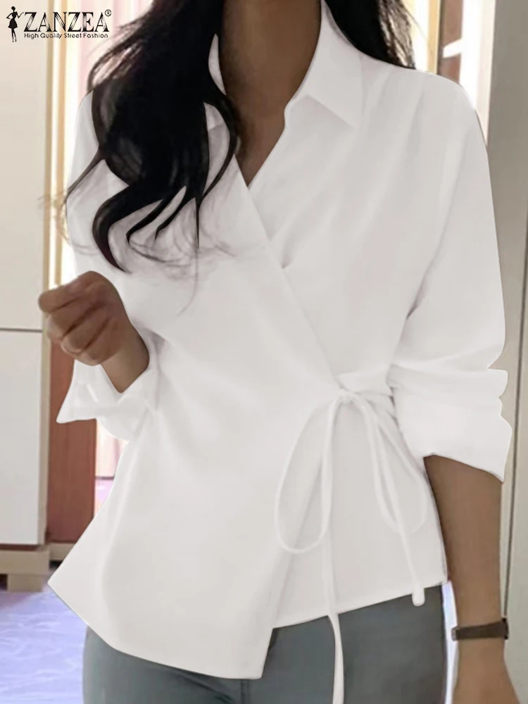 

ZANZEA Fashion Solid Chiffon Blouse Women Vintage Long Sleeve Shirts Casual Lapel V Neck Tunic Holiday 2023 Bandage Waisted Tops