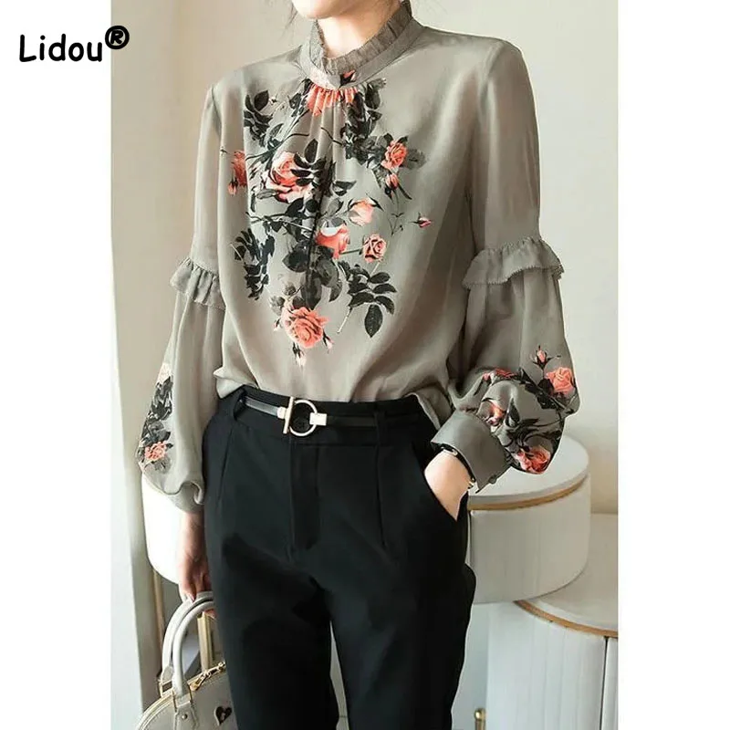 

Elegant Fashion Floral Print Lantern Sleeve Shirt Women's Clothing Spring Autumn Commute Ruffles Spliced Stand Collar Blouse