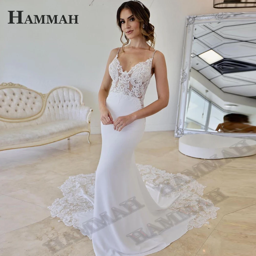 Женское длинное свадебное платье с юбкой-годе V-образным вырезом и аппликацией -