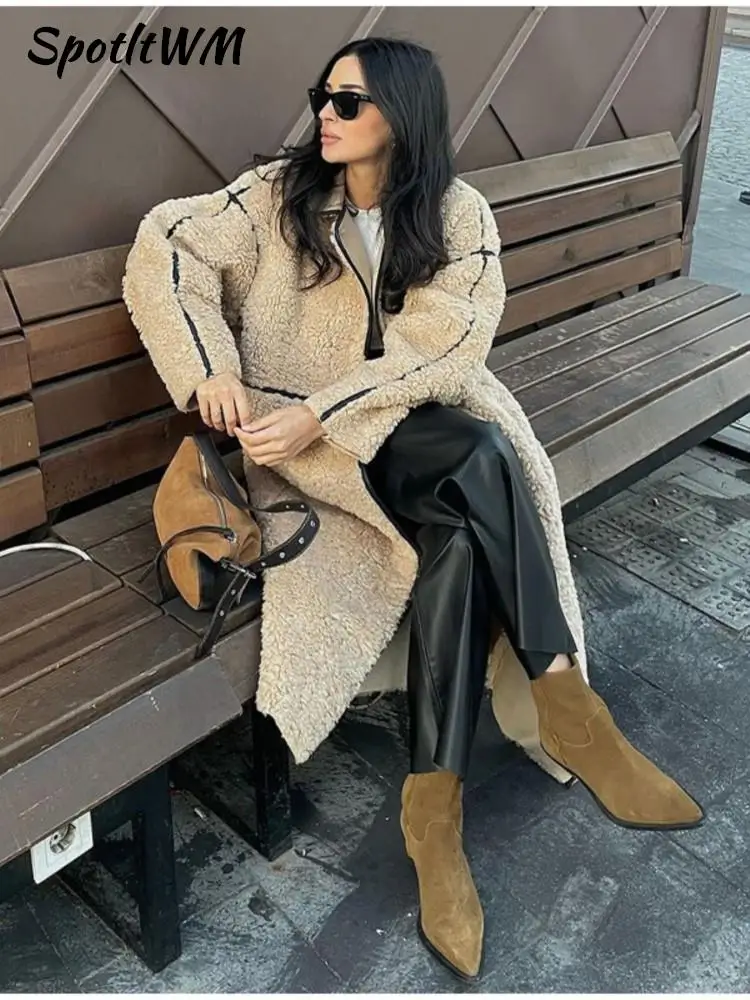 

Женское теплое плюшевое длинное пальто, повседневное однобортное плотное пальто с отложным воротником, осенне-зимняя женская модная уличная верхняя одежда