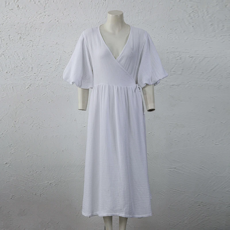 Шикарное женское платье из 100% хлопка с V-образным вырезом и пышными рукавами