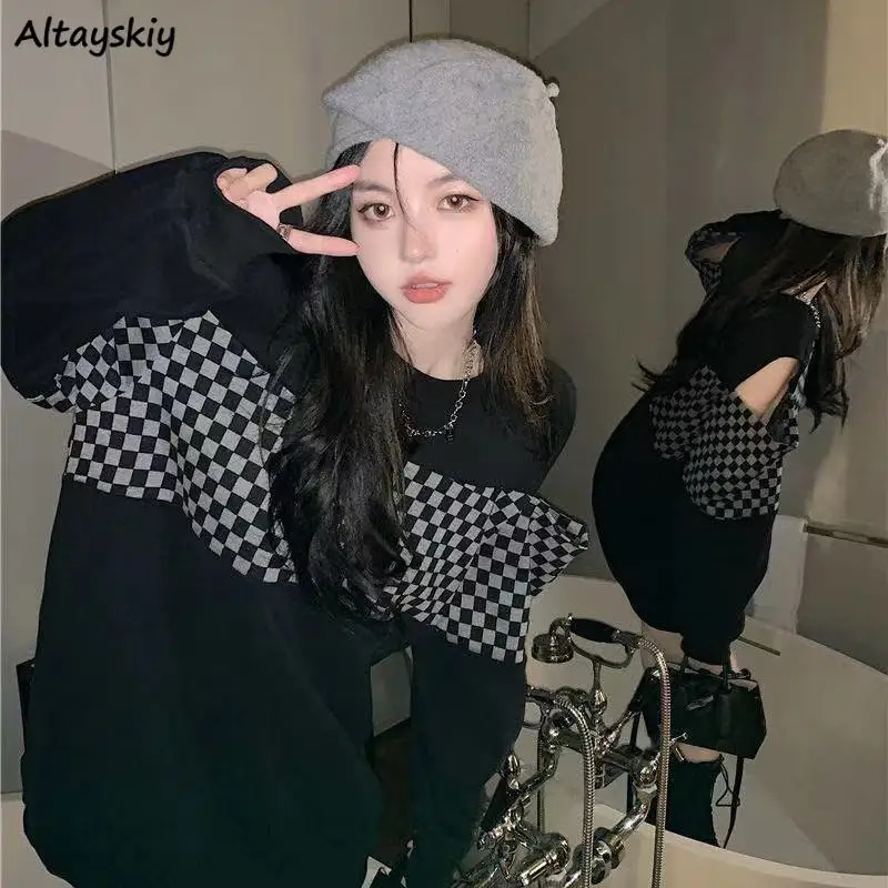 

Sweatshirts Women Hollow Out Plaid Loose O-neck Design Streetwear Sweet Sexy Casual All-match Chic Korean Style Ulzzang Ins New