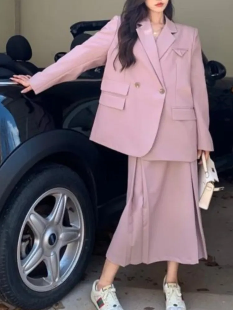 

Женские весенне-осенние 2023 Новые пальто высокого качества модные комплекты из двух предметов винтажные свободные блейзеры + Юбки миди с высокой талией OL костюмы