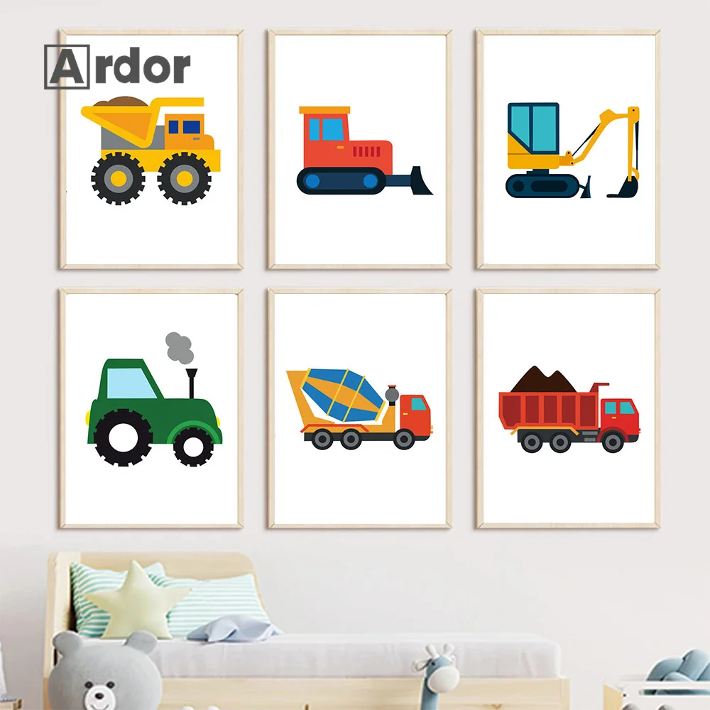 

Boy Cartoon Car Wall Art Canvas Painting Excavator Fire Truck Mixer Crane Poster Nursery Print Pictures Baby Kid Room Home Decor