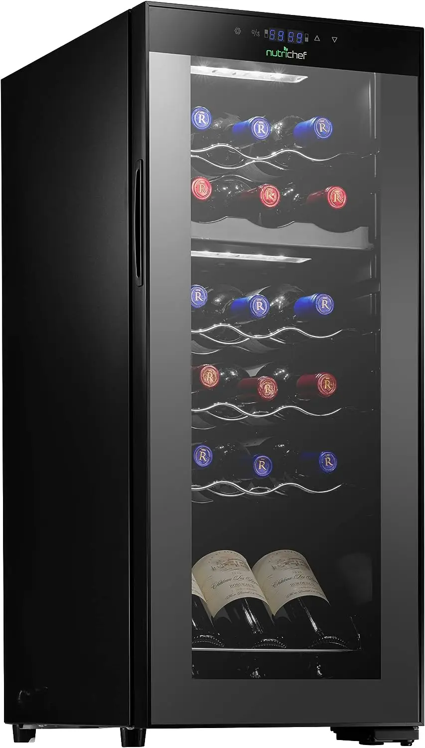 

Cooler for White and Red Wines Chiller, Freestanding Compact Countertop Mini Fridge w/Digital Control, 18 Bottle Dual Zone-Black