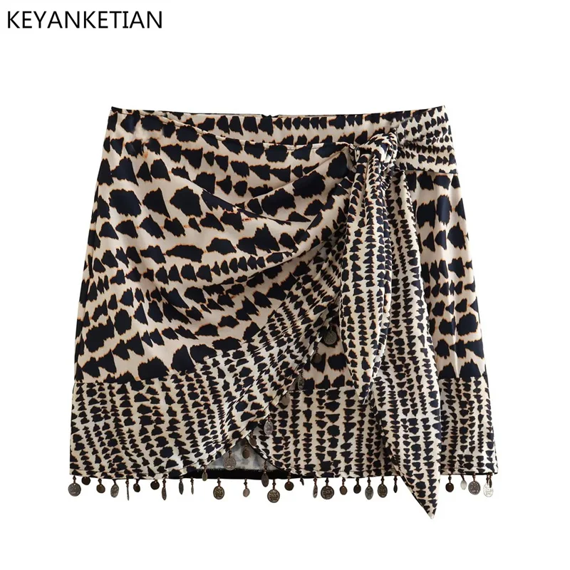 

KEYANKETIAN Summer New Asymmetrical Knot High-Waisted Beaded Half Skirt Women's Vintage Style Printed A-Line Mini Skirt