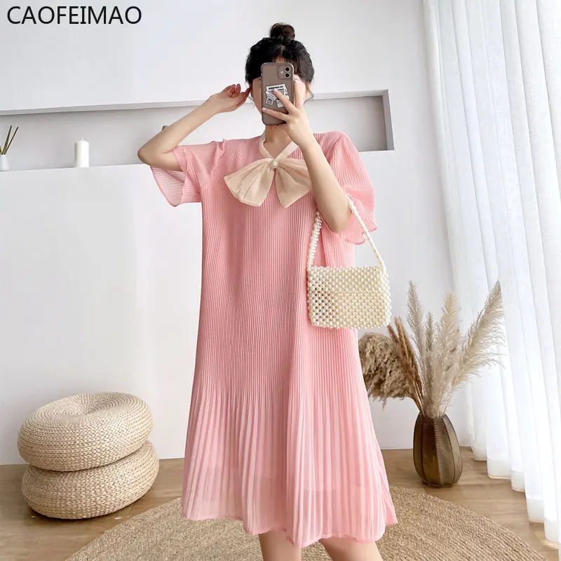 

Bow Pleated Chiffon Maternity Dress Solid V-Neck Knee-Length Drape Mesh Vestidos High Quality Loose Clothes for Pregnant Women