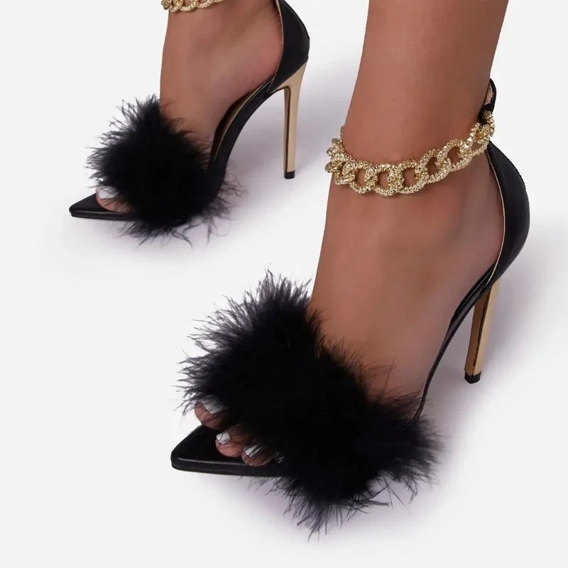

2022 Summer Fashion Pointed Closed Toe Heels Sexy Womans High Heels Sandals Luxury Shoes Women Designers Furry Heels Female