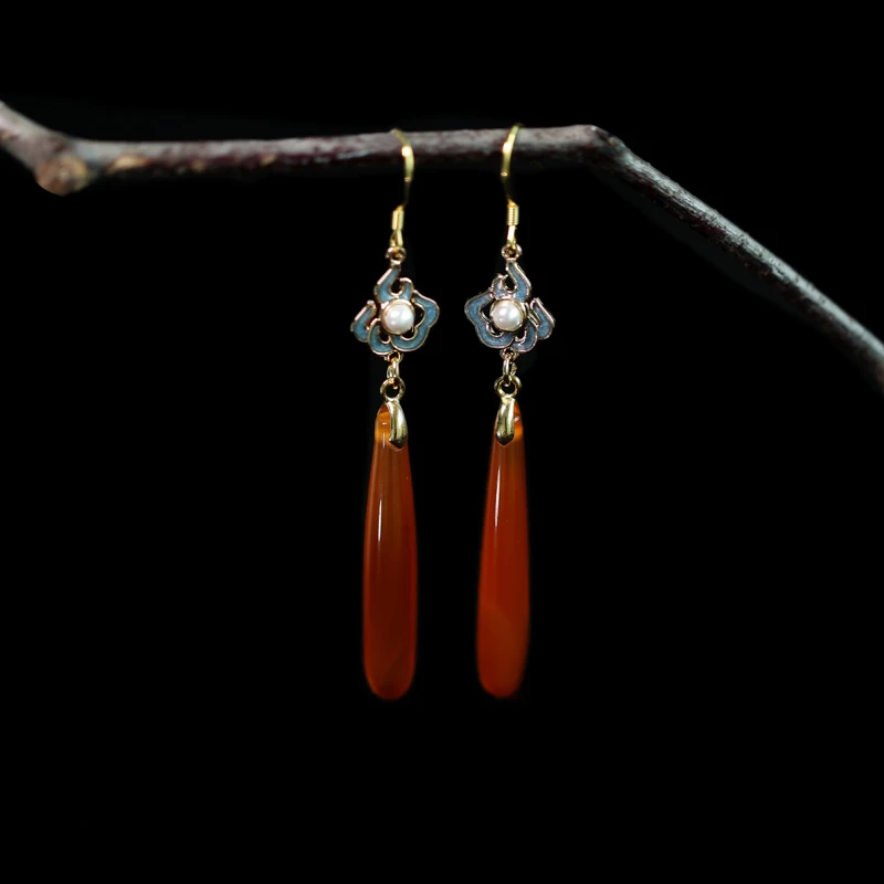 New Chinese Sle Retro Tassel Pierced Ear Clip Ring S925 Silver Hook Hanfu Accessories Red Agate Eardrops Cold