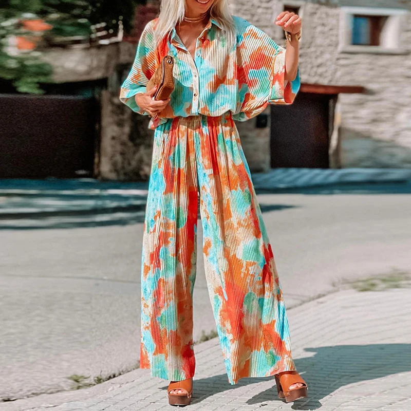 

Vintage Printed Mid Sleeve Long Jumpsuit Casual Loose Women's Jumpsuit Summer Fashion Lapel Single Breasted High Waist Jumpsuit