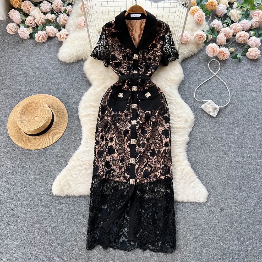 

VANOVICH Temperament Lace A-line Long Dress Female Spring and Summer 2023 New Vintage Design Notched Slim Solid Color Dress