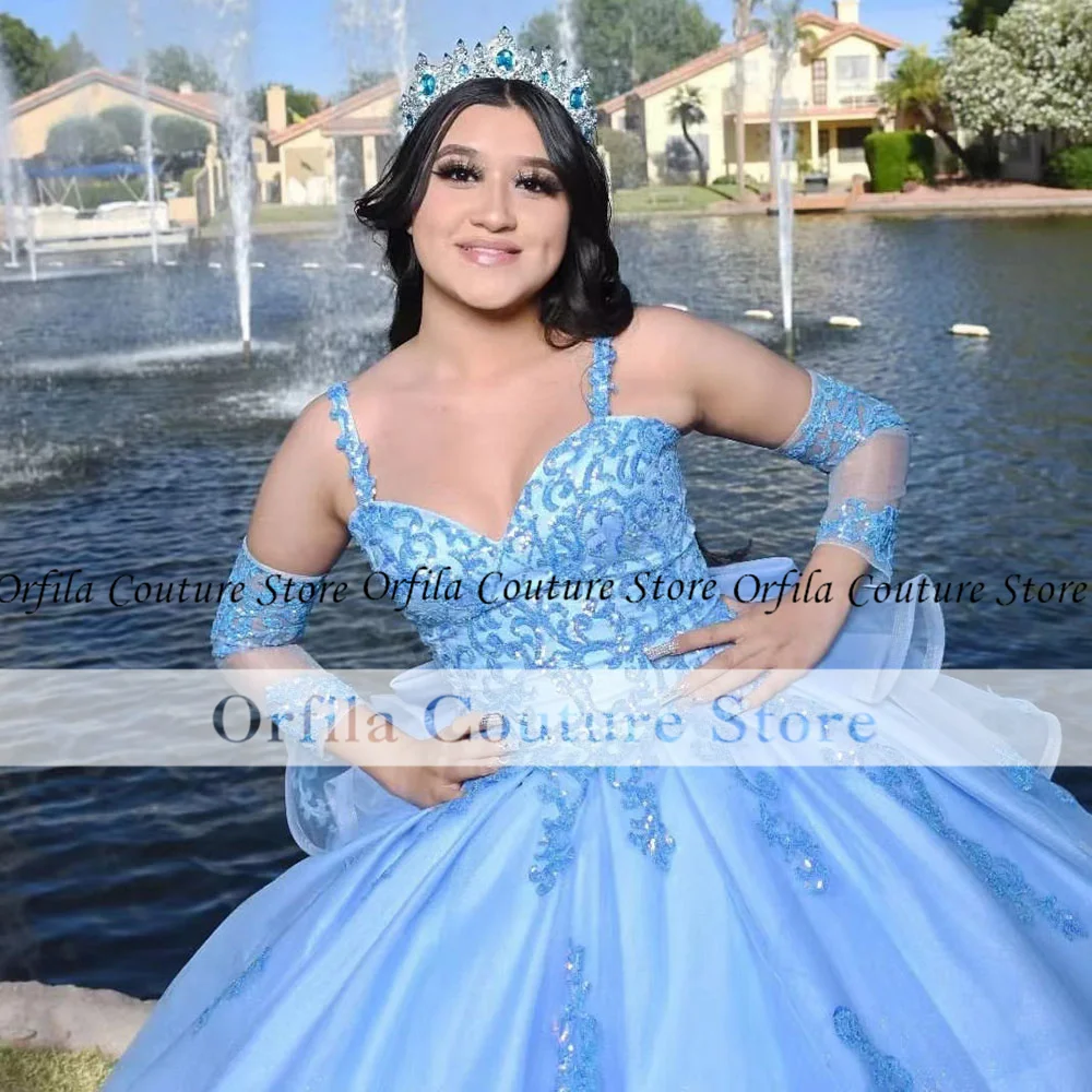 Фото Orfila Quinceanera платья с блестками кружева Charro мексиканские vestidos de 15 лет на тонких бретельках милое платье 16 №2