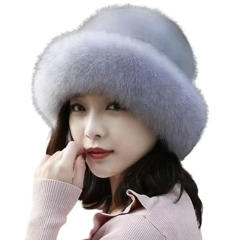 

Women Hat Solid Color Fluffy Thickened Ear Protection Dome Winter Coldproof Elegant Russian Hat Faux Fur Headband Streetwear