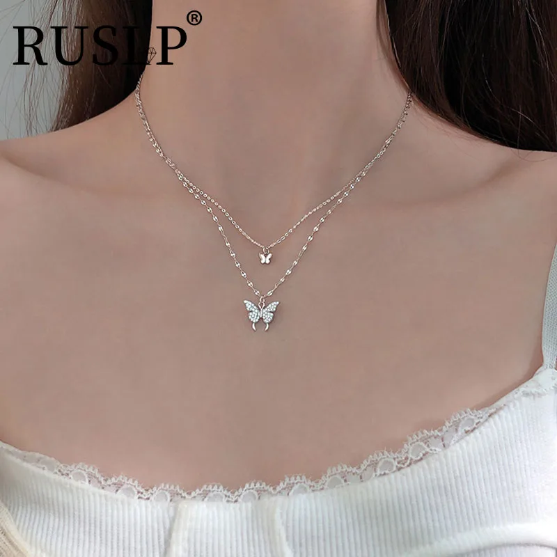 

2021 Shiny Butterfly Necklace for Women Butterfly Crystal Choker Necklace Dainty Double Layer Clavicle Chain Necklace Jewelry