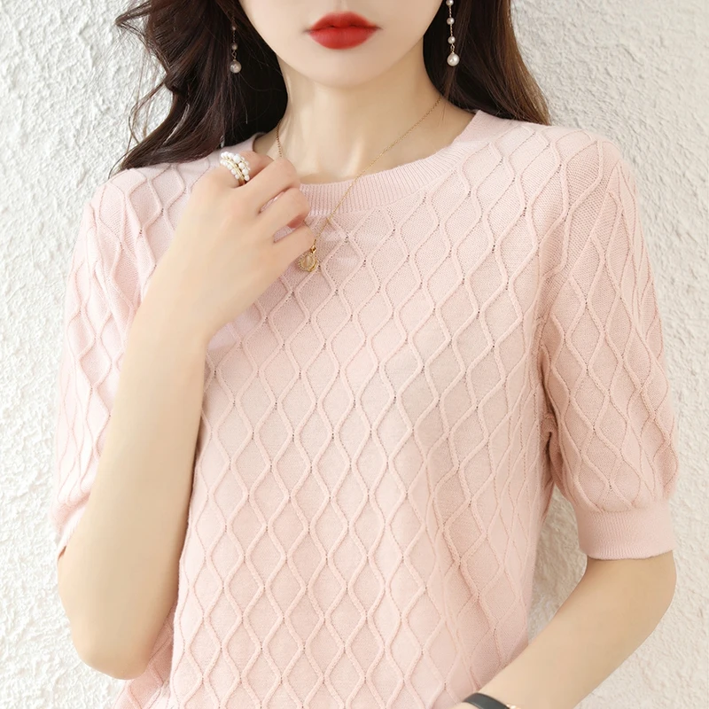 

Summer new short-sleeved women's simple fashion diamond T-shirt large size women's tops pullovers short-sleeved 100% cotton2022